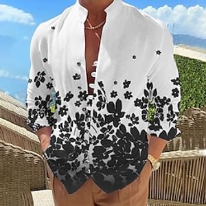 Men's Shirt Linen Shirt Floral Graphic Prints Geometry Argyle Stand Collar Black White Pink Blue Khaki Outdoor Street Long Sleeve Print Clothing Apparel Fashion Designer Casual Comfortable Lightinthebox