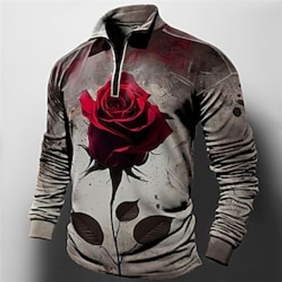 Rose Men's Abstract Print 3D Zip Polo Golf Polo Outdoor Casual Daily Streetwear Polyester Long Sleeve Zip Polo Shirts Wine Purple Spring  Summer S M L Micro-elastic Lapel Polo Lightinthebox