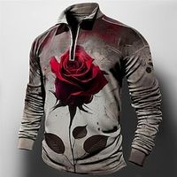 Rose Men's Abstract Print 3D Zip Polo Golf Polo Outdoor Casual Daily Streetwear Polyester Long Sleeve Zip Polo Shirts Wine Purple Spring  Summer S M L Micro-elastic Lapel Polo Lightinthebox - thumbnail
