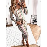Women's Sweater Dress Jumper Dress Winter Dress Midi Dress Warm Stripe Outdoor Daily Holiday Vacation V Neck Long Sleeve 2023 Regular Fit Gray S M L XL XXL 3XL Lightinthebox - thumbnail