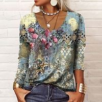 Women's Henley Shirt T shirt Tee Green Graphic Floral Button Print Long Sleeve Holiday Weekend Basic Round Neck Regular Floral Abstract Painting S miniinthebox - thumbnail