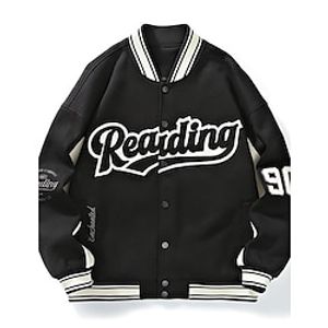 Men's Bomber Jacket Outdoor Daily Wear Warm Button Pocket Fall Winter Graphic Letter Fashion Streetwear Round Regular Black Beige Jacket Lightinthebox