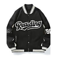 Men's Bomber Jacket Outdoor Daily Wear Warm Button Pocket Fall Winter Graphic Letter Fashion Streetwear Round Regular Black Beige Jacket Lightinthebox - thumbnail