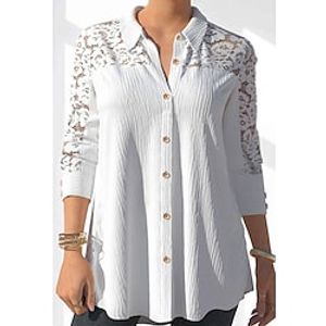 Women's Plus Size Tops Blouse Shirt Lace Ruched Long Sleeve Shirt Collar Elegant Work Daily Cotton Blend Winter Fall White Lightinthebox