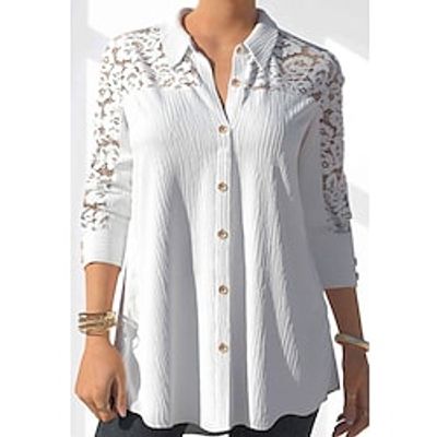 Women's Plus Size Tops Blouse Shirt Lace Ruched Long Sleeve Shirt Collar Elegant Work Daily Cotton Blend Winter Fall White Lightinthebox