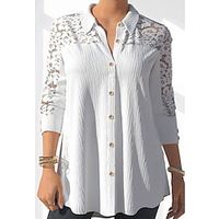 Women's Plus Size Tops Blouse Shirt Lace Ruched Long Sleeve Shirt Collar Elegant Work Daily Cotton Blend Winter Fall White Lightinthebox - thumbnail