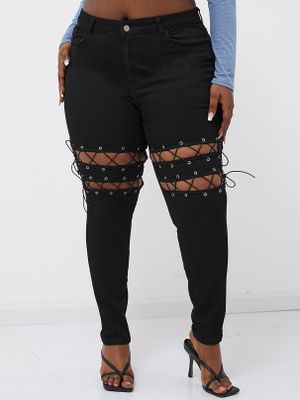 Plus Size Pocket Design Lace-up Design Jeans Plus Size Pocket Design Lace-up Design Jeans