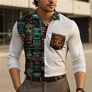 Totem Men's Vintage Print 3D Cable Knit Polo Outdoor Casual Daily Streetwear Polyester Long Sleeve Turndown Polo Shirts Yellow Blue Summer S M L Micro-elastic Lapel Polo Lightinthebox
