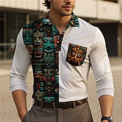 Totem Men's Vintage Print 3D Cable Knit Polo Outdoor Casual Daily Streetwear Polyester Long Sleeve Turndown Polo Shirts Yellow Blue Summer S M L Micro-elastic Lapel Polo Lightinthebox