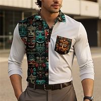 Totem Men's Vintage Print 3D Cable Knit Polo Outdoor Casual Daily Streetwear Polyester Long Sleeve Turndown Polo Shirts Yellow Blue Summer S M L Micro-elastic Lapel Polo Lightinthebox - thumbnail