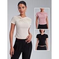 Women's Solid Color Work Sports Outdoor Dailywear Cap Sleeve Black Pink Beige Twisted Slim Fit Short Sleeve Fashion Casual Daily Dailywear V Neck Spring