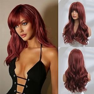 Honygebia Dark Red Wig with Bangs - Burgundy Wigs for Women, Wine Red Long Straight Layered Realistic Hair, Natural Synthetic Heat Resistant Wigs for HalloweenChristmasCosplayParty Lightinthebox