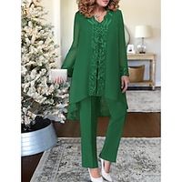 Jumpsuit  Pantsuit 3 Piece Mother of the Bride Dress Formal Wedding Guest Elegant V Neck Floor Length Chiffon Lace Long Sleeve with Appliques 2023 Lightinthebox
