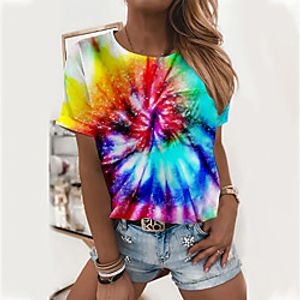 Women's Abstract Painting T shirt Color Block Tie Dye Print Round Neck Basic Tops Blue Red Yellow Lightinthebox