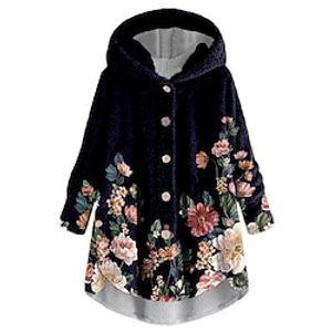 Women's Teddy Coat Sherpa jacket Fleece Jacket Plush Active Casual Daily Comfortable Pocket Button Print Daily Wear Vacation Going out Outdoor Coat Regular Dark Blue Fall Winter Single Breasted Hoodie Lightinthebox