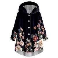 Women's Teddy Coat Sherpa jacket Fleece Jacket Plush Active Casual Daily Comfortable Pocket Button Print Daily Wear Vacation Going out Outdoor Coat Regular Dark Blue Fall Winter Single Breasted Hoodie Lightinthebox - thumbnail