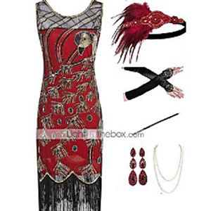 The Great Gatsby 1920s Vintage Vacation Dress Flapper Dress Outfits Masquerade Prom Dress Women's Tassel Fringe Costume Red Vintage Cosplay Party Prom / Gloves / Headwear / Necklace / Earrings miniinthebox
