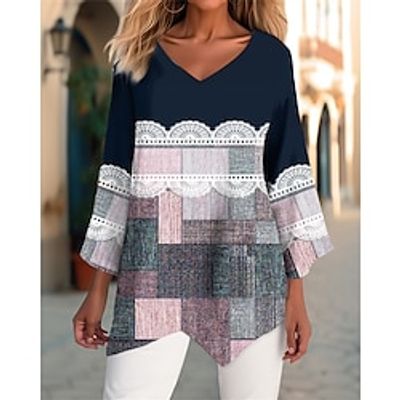 Women's Shirt Blouse Plaid Pink Blue Gray Print Asymmetric Hem Long Sleeve Casual Fashion V Neck Regular Fit Spring   Fall Lightinthebox