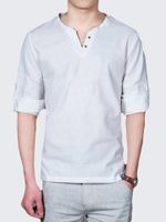 Mens Casual Linen Stand Collar Long Sleeve T-shirt Fashion Solid Color Tops