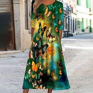 Women's Casual Dress Swing Dress Midi Dress Green Blue Long Sleeve Animal Butterfly Pocket Print Fall Winter Round Neck Vacation Casual 2022 S M L XL XXL 3XL miniinthebox