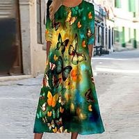 Women's Casual Dress Swing Dress Midi Dress Green Blue Long Sleeve Animal Butterfly Pocket Print Fall Winter Round Neck Vacation Casual 2022 S M L XL XXL 3XL miniinthebox - thumbnail