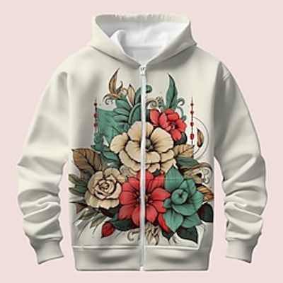 Girls' 3D Floral Hoodie Coat Outerwear Long Sleeve Fall Winter Active Cute Streetwear Polyester Kids 3-12 Years Zip Street Daily Regular Fit Lightinthebox