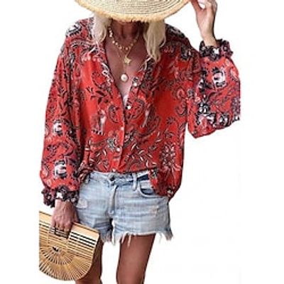 Women's Floral Theme Blouse Shirt Floral Button Print V Neck Casual Streetwear Tops Blue Red Yellow / 3D Print miniinthebox Women's Floral Theme Blouse Shirt Floral Button Print V Neck Casual Streetwear Tops Blue Red Yellow / 3D Print miniinthebox