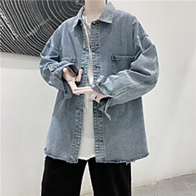 Men's Denim Jacket Solid Colored Streetwear Fall Regular Daily Long Sleeve Cotton Coat Tops Blue miniinthebox