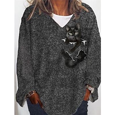 Women's T shirt Tee Black Animal Cat Print Long Sleeve Daily Going out Casual V Neck Regular Plus Size XL miniinthebox