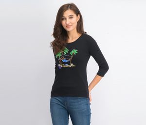Womens Petite Embellished 3/4-Sleeve Top  Black
