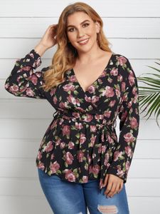 YOINS Plus Size V-neck Floral Print Wrap Design Long Sleeves Blouse