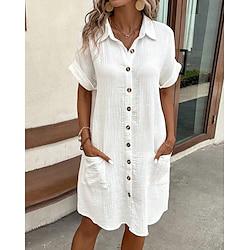 Women's Shirt Dress Winter Dress Mini Dress Button Pocket Vacation Casual V Neck Short Sleeve Black White Yellow Color Lightinthebox