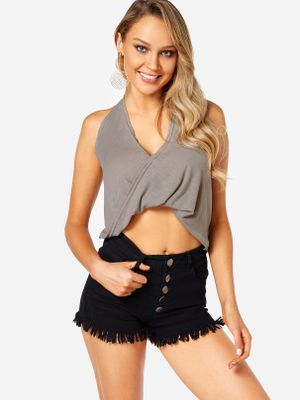 Beige Backless Self-tied Design Plain Deep V Neck Camis