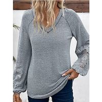 Women's T shirt Tee Plain Gray Lace Patchwork Long Sleeve Casual Fashion V Neck Regular Fit Spring   Fall Lightinthebox - thumbnail