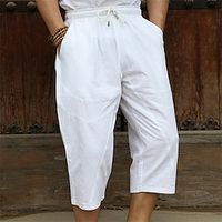 Men's Linen Pants Summer Pants Beach Pants Pocket Drawstring Elastic Waist Plain Comfort Breathable Calf-Length Daily Holiday Vacation 100% Cotton Hawaiian Boho Black White Lightinthebox