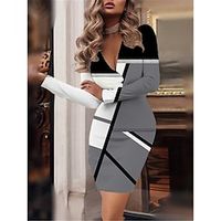 Women's Work Dress Bodycon Sheath Dress Mini Dress Pink Light Red Dusty Rose Long Sleeve Geometric Print Winter Fall Spring V Neck Fashion Office Daily Slim 2022 XS S M L XL XXL 3XL 4XL 5XL 6XL Lightinthebox - thumbnail