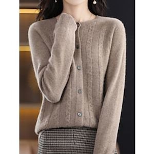 Women's Cardigan Sweater Jacket Crew Neck Cable Knit Polyester Button Knitted Fall Winter Regular Outdoor Daily Going out Streetwear Stylish Casual Long Sleeve Pure Color White Brown Apricot S M L Lightinthebox