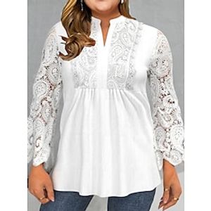 Women's Plus Size Tops Blouse Shirt Floral Ruched Embroidered Long Sleeve V Neck Casual Daily Vacation Rayon Fall Winter White Lightinthebox