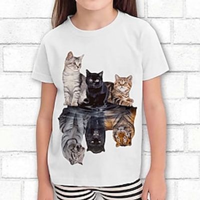 Girls' T shirt Short Sleeve T shirt Tee Graphic Cat Dog 3D Print Active Fashion Cute 100% Cotton Outdoor Casual Daily Kids Crewneck 3-12 Years 3D Printed Graphic Regular Fit Shirt miniinthebox