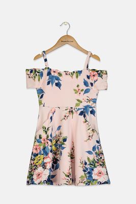 Kids Girl Scalloped Floral Skater Dress Pink Kids Girl Scalloped Floral Skater Dress Pink