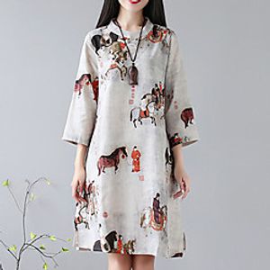 Women's A Line Dress Knee Length Dress Beige 3/4 Length Sleeve Print Print Summer Mandarin Collar Elegant Casual Traditional 2021 M L XL XXL miniinthebox