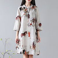 Women's A Line Dress Knee Length Dress Beige 3/4 Length Sleeve Print Print Summer Mandarin Collar Elegant Casual Traditional 2021 M L XL XXL miniinthebox - thumbnail