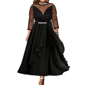 Women's Plus Size Party Dress Chiffon Dress Swing Dress Solid Color Long Dress Maxi Dress 34 Length Sleeve Mesh Patchwork Crew Neck Fashion Party Black Summer Spring L XL XXL 3XL 4XL Lightinthebox