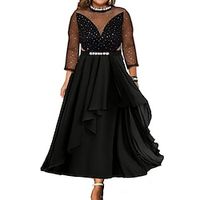 Women's Plus Size Party Dress Chiffon Dress Swing Dress Solid Color Long Dress Maxi Dress 34 Length Sleeve Mesh Patchwork Crew Neck Fashion Party Black Summer Spring L XL XXL 3XL 4XL Lightinthebox - thumbnail