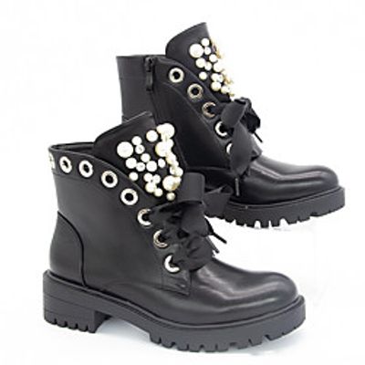 Women's Boots Chunky Heel Round Toe Booties Ankle Boots Daily PU Imitation Pearl Solid Colored Black miniinthebox