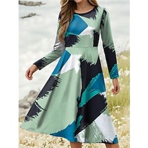 Women's Casual Dress Swing Dress Geometric Color Block Print Pocket Crew Neck Midi Dress Streetwear A Line Street Date Long Sleeve Regular Fit Wine Blue Purple Spring S M L XL 2XL Lightinthebox
