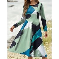 Women's Casual Dress Swing Dress Geometric Color Block Print Pocket Crew Neck Midi Dress Streetwear A Line Street Date Long Sleeve Regular Fit Wine Blue Purple Spring S M L XL 2XL Lightinthebox - thumbnail