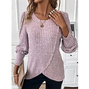 Women's Shirt Blouse Plain Pink Blue Gray Long Sleeve Casual Fashion Round Neck Regular Fit Fall  Winter miniinthebox