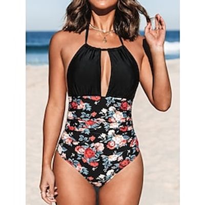 Women's Swimwear One Piece Normal Swimsuit Open Back Printing Floral Black Bodysuit Bathing Suits Sports Beach Wear Holiday Lightinthebox