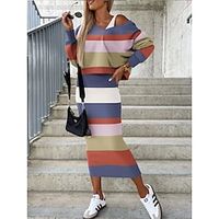 Women's Two Piece Dress Set Casual Dress Skirt Set Outdoor Date Streetwear Modern Print Long Dress Maxi Dress One Shoulder Long Sleeve Stripe Loose Fit Red Spring Fall S M L XL XXL Lightinthebox - thumbnail